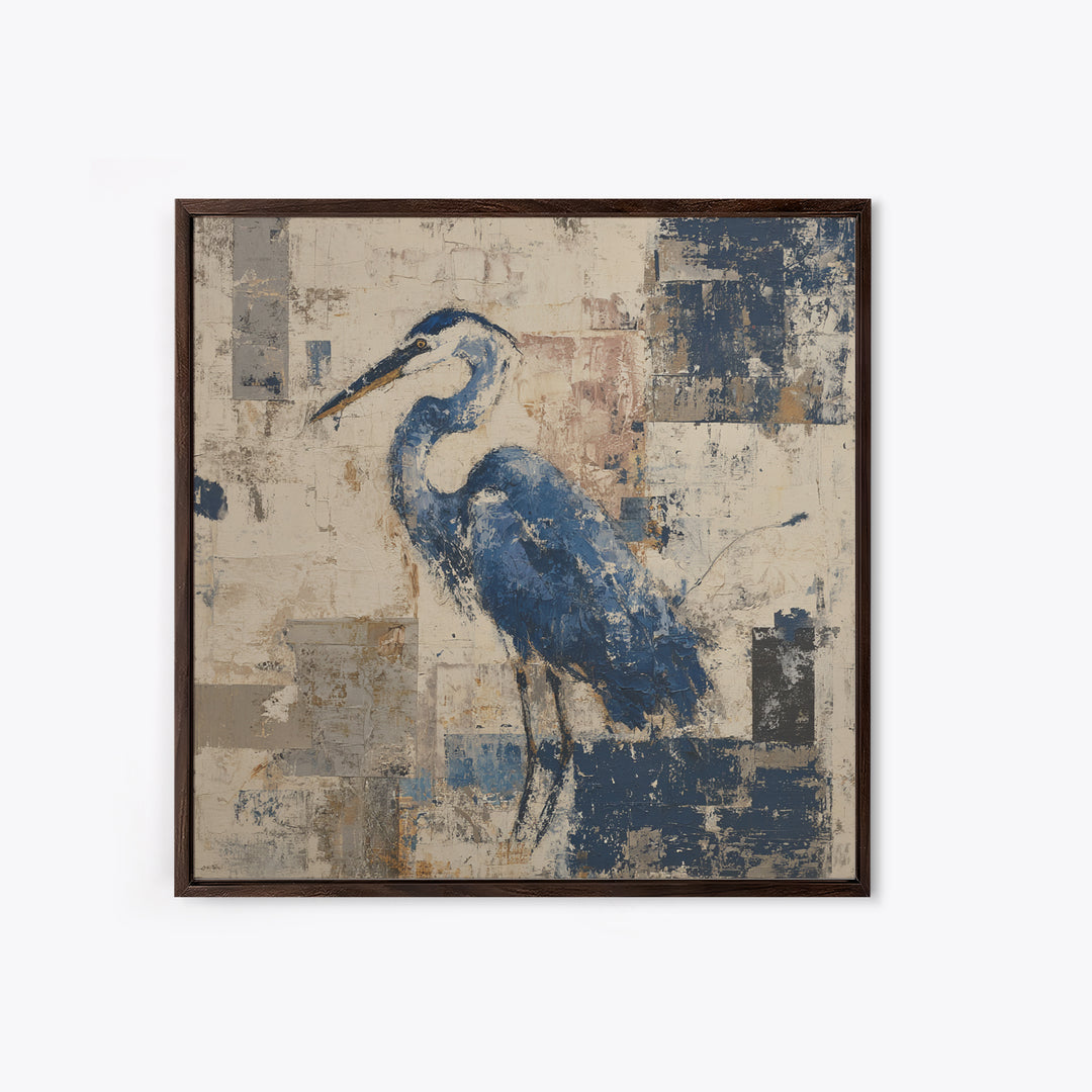 Blue Heron in Monochrome Navy Palette Framed Canvas Print, Monochrome Art, Neutral Decor, Living Room Decor, Fine Art, Mono, MON-1x1-80