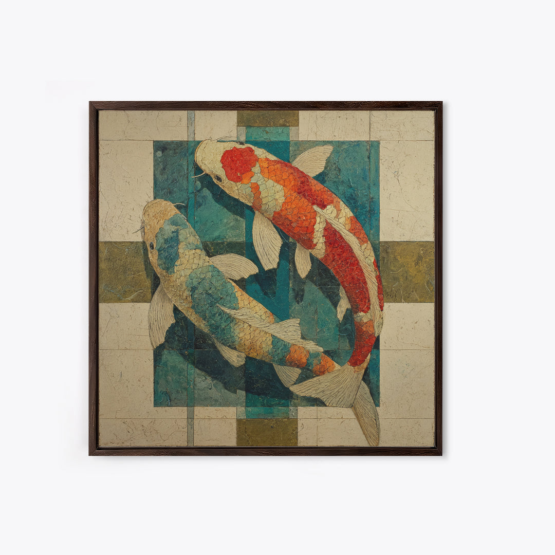 Teal Koi Fish on Tonal Water Canvas Print, Monochrome Art, Boho Decor, Living Room Decor, Fine Art, Mono, Digital Art, MON-1x1-89