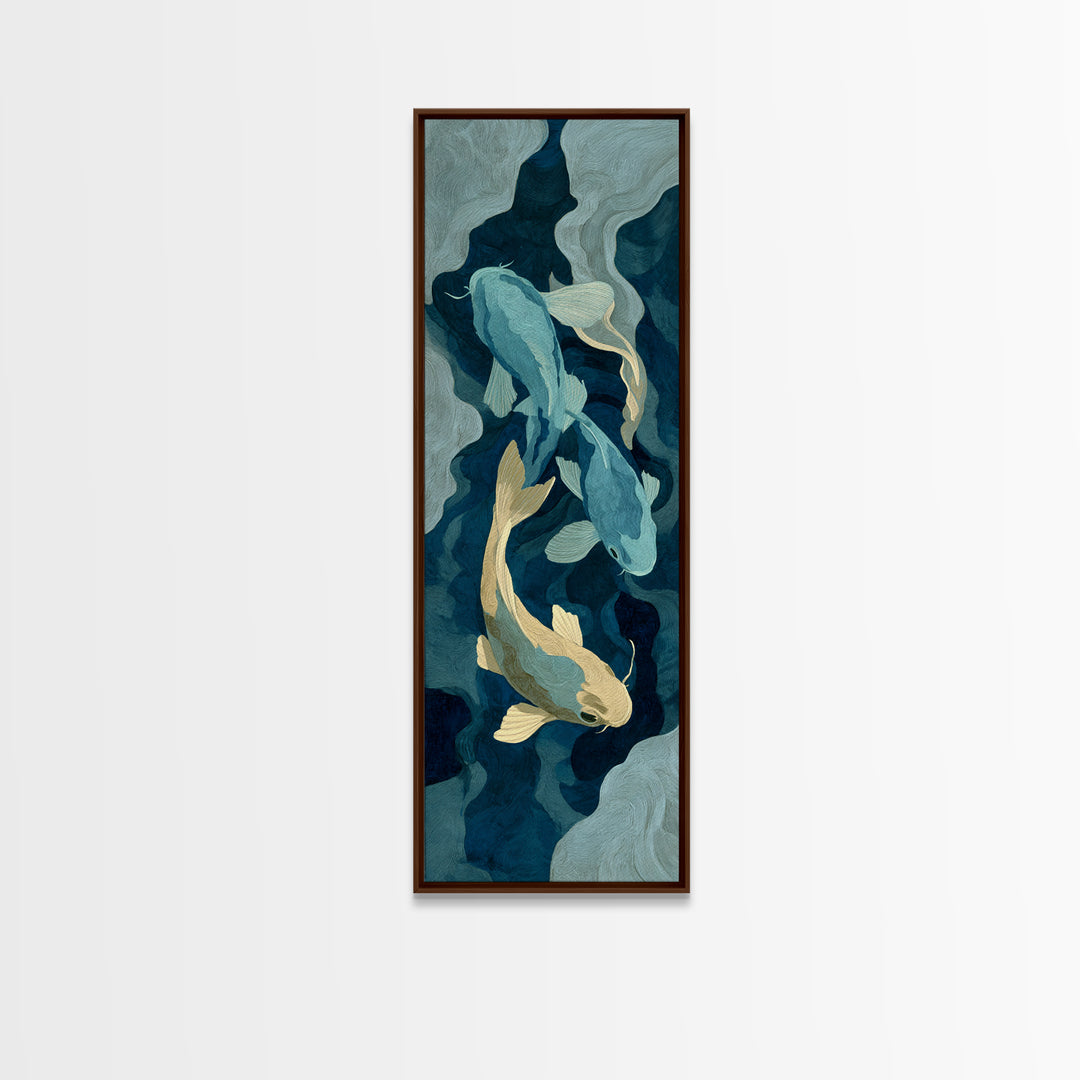 Teal Koi Fish on Tonal Water Framed Canvas Print, Monochrome Art, Neutral Decor, Living Room Decor, Fine Art, Mono, Home Decor, MON-1x3-29