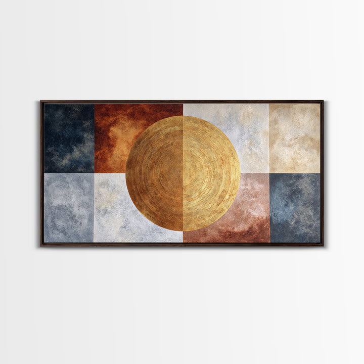 Gold Tonal Sunburst Medallion Framed Canvas Print, Monochrome Art, Luxury Decor, Living Room Decor, Fine Art, Mono, MON-2x1-10