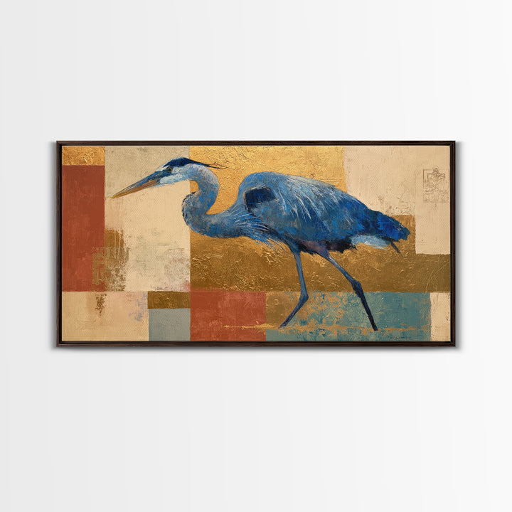 Blue Heron in Monochrome Navy Palette Framed Canvas Print, Monochrome Art, Dopamine Decor, Living Room Decor, Fine Art, Mono, MON-2x1-100