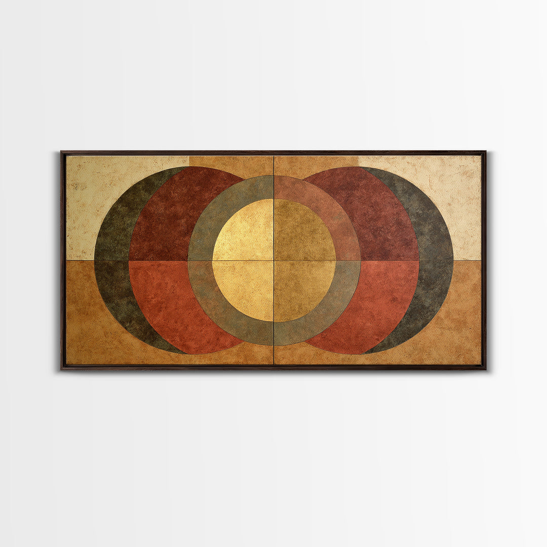 Gold Tonal Sunburst Medallion Framed Canvas Print, Monochrome Art, Luxury Decor, Living Room Decor, Fine Art, Mono, MON-2x1-34