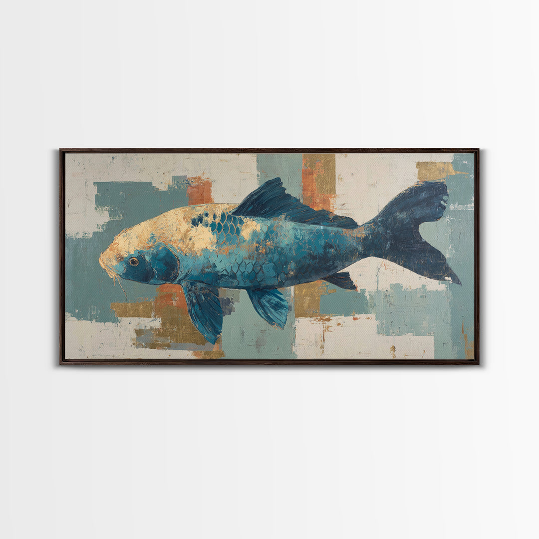 Teal Koi Fish on Tonal Water Framed Canvas Print, Monochrome Art, Minimalist Decor, Living Room Decor, Fine Art, Mono, MON-2x1-37