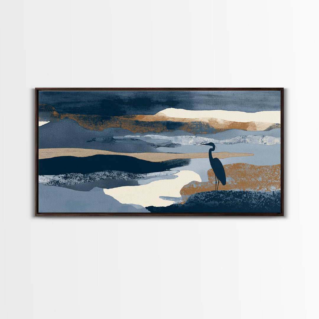 Blue Heron in Monochrome Navy Palette Canvas Print, Monochrome Art, Boho Decor, Living Room Decor, Fine Art, Mono, Art Print, MON-2x1-4