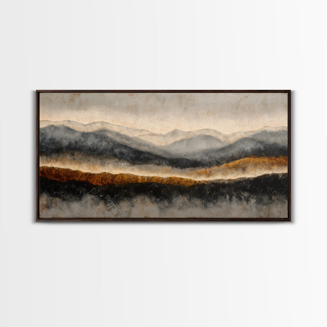 Charcoal Mountain Landscape Framed Canvas Print, Monochrome Art, Original Painting, Living Room Decor, Fine Art, Mono, MON-2x1-72