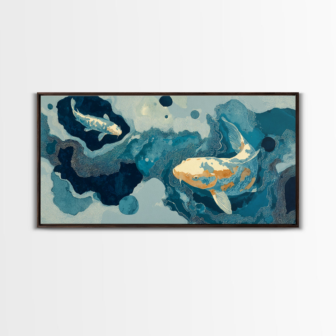 Teal Koi Fish on Tonal Water Framed Canvas Print, Monochrome Art, Digital Wall Art, Living Room Decor, Fine Art, Mono, MON-2x1-85
