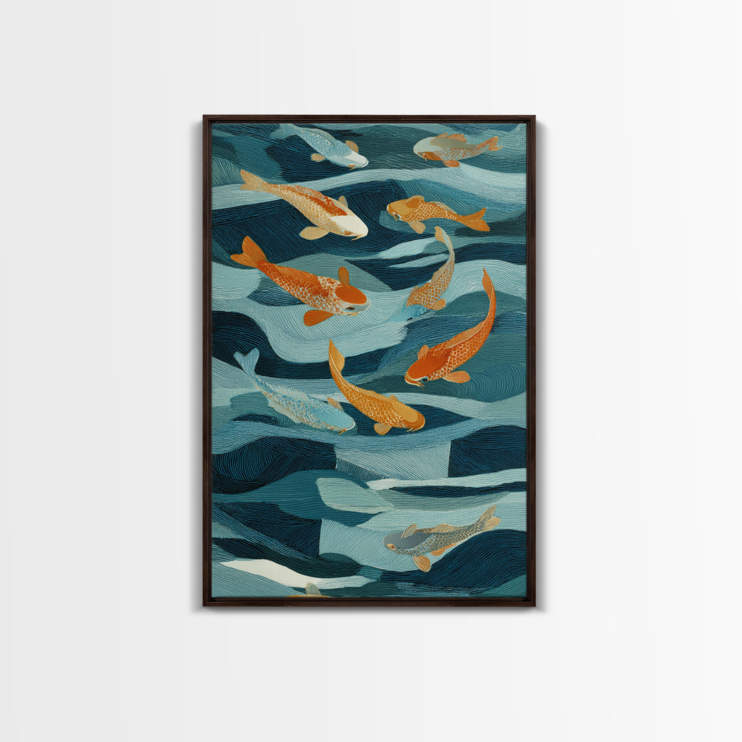 Teal Koi Fish on Tonal Water Framed Canvas Print, Monochrome Art, Wall Art, Living Room Decor, Fine Art, Mono, Abstract Art, MON-2x3-1