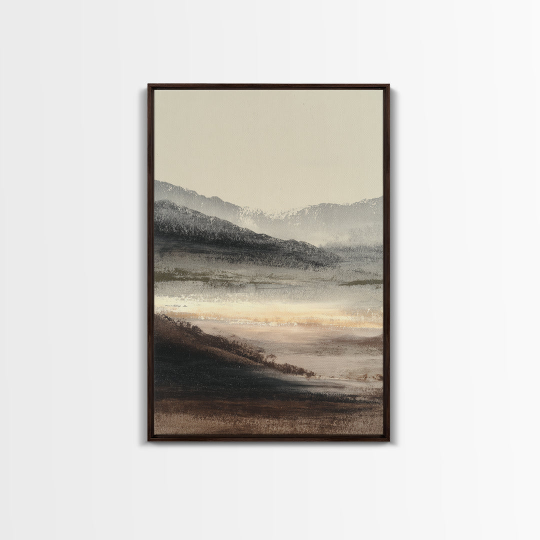 Charcoal Mountain Landscape Framed Canvas Print, Monochrome Art, Minimalist Decor, Living Room Decor, Fine Art, Mono, MON-2x3-12