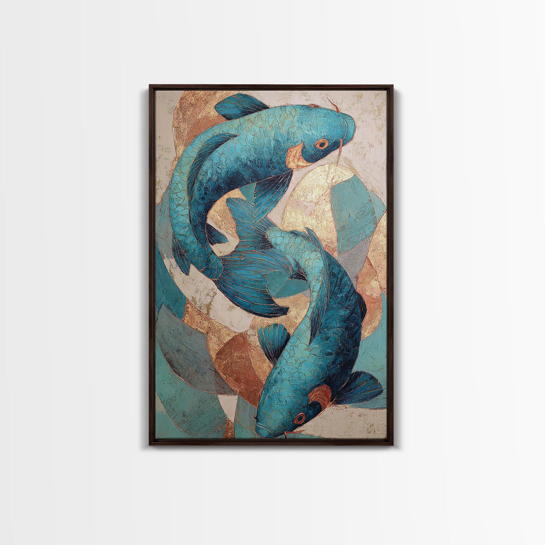 Teal Koi Fish on Tonal Water Framed Canvas Print, Monochrome Art, Wall Art, Living Room Decor, Fine Art, Mono, Abstract Art, MON-2x3-25