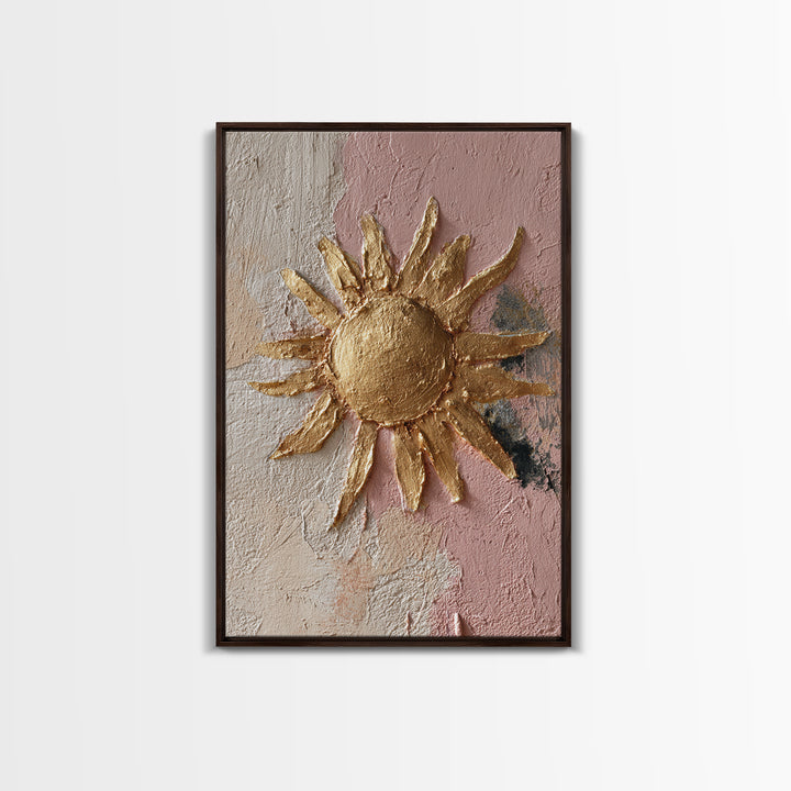Gold Tonal Sunburst Medallion Framed Canvas Print, Monochrome Art, Textured Painting, Living Room Decor, Fine Art, Mono, MON-2x3-46
