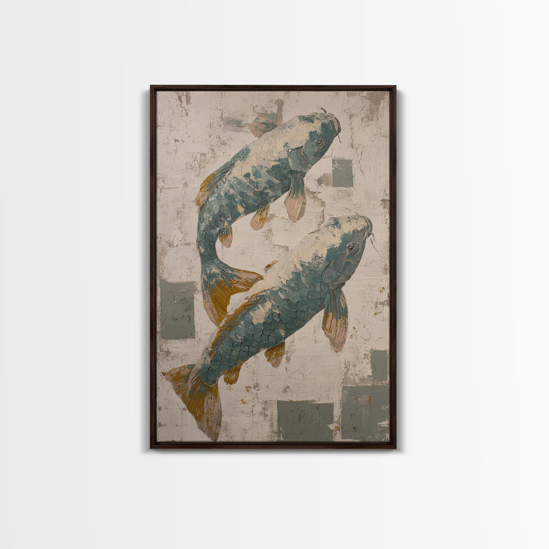 Teal Koi Fish on Tonal Water Canvas Print, Monochrome Art, Digital Art, Living Room Decor, Fine Art, Mono, Dark Academia Decor, MON-2x3-49
