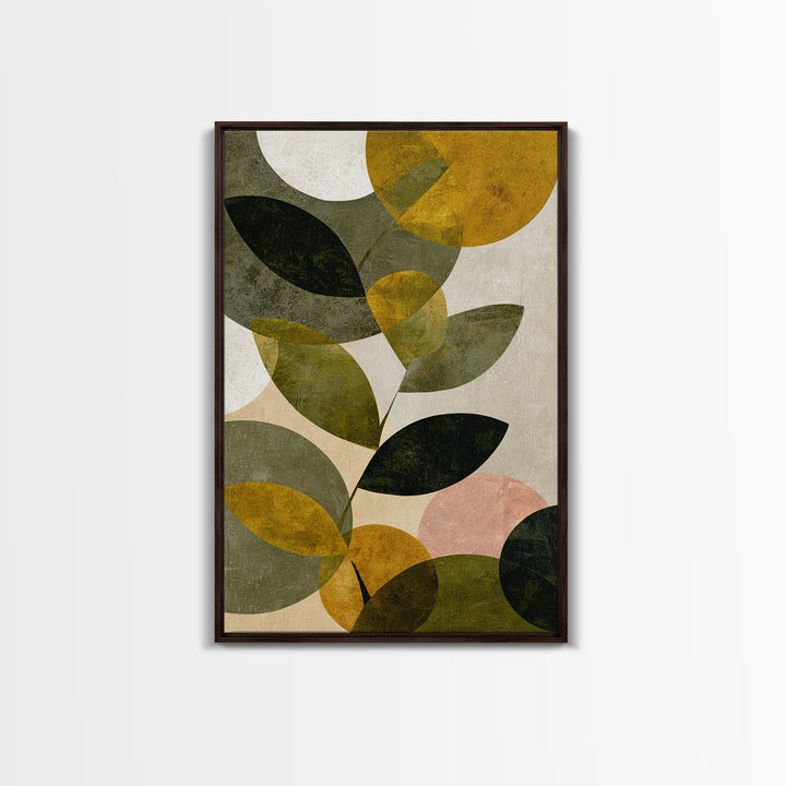 Olive Green Abstract Leaf Pattern Framed Canvas Print, Monochrome Art, Boho Decor, Living Room Decor, Fine Art, Mono, MON-2x3-52