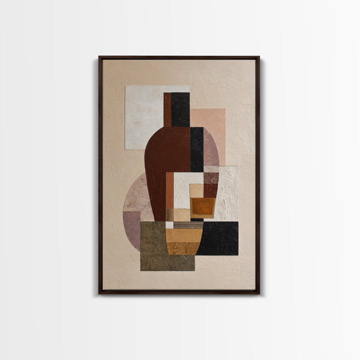 Brown Leather and Whiskey Still Life Framed Canvas Print, Monochrome Art, Textured Painting, Living Room Decor, Fine Art, Mono, MON-2x3-55