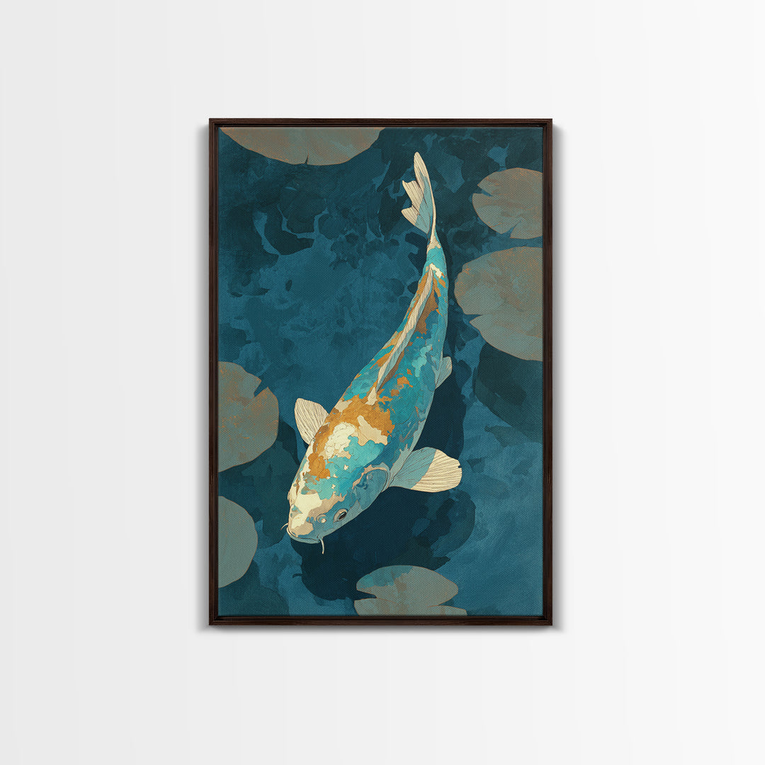 Teal Koi Fish on Tonal Water Framed Canvas Print, Monochrome Art, Original Art, Living Room Decor, Fine Art, Mono, Bird Art, MON-2x3-73