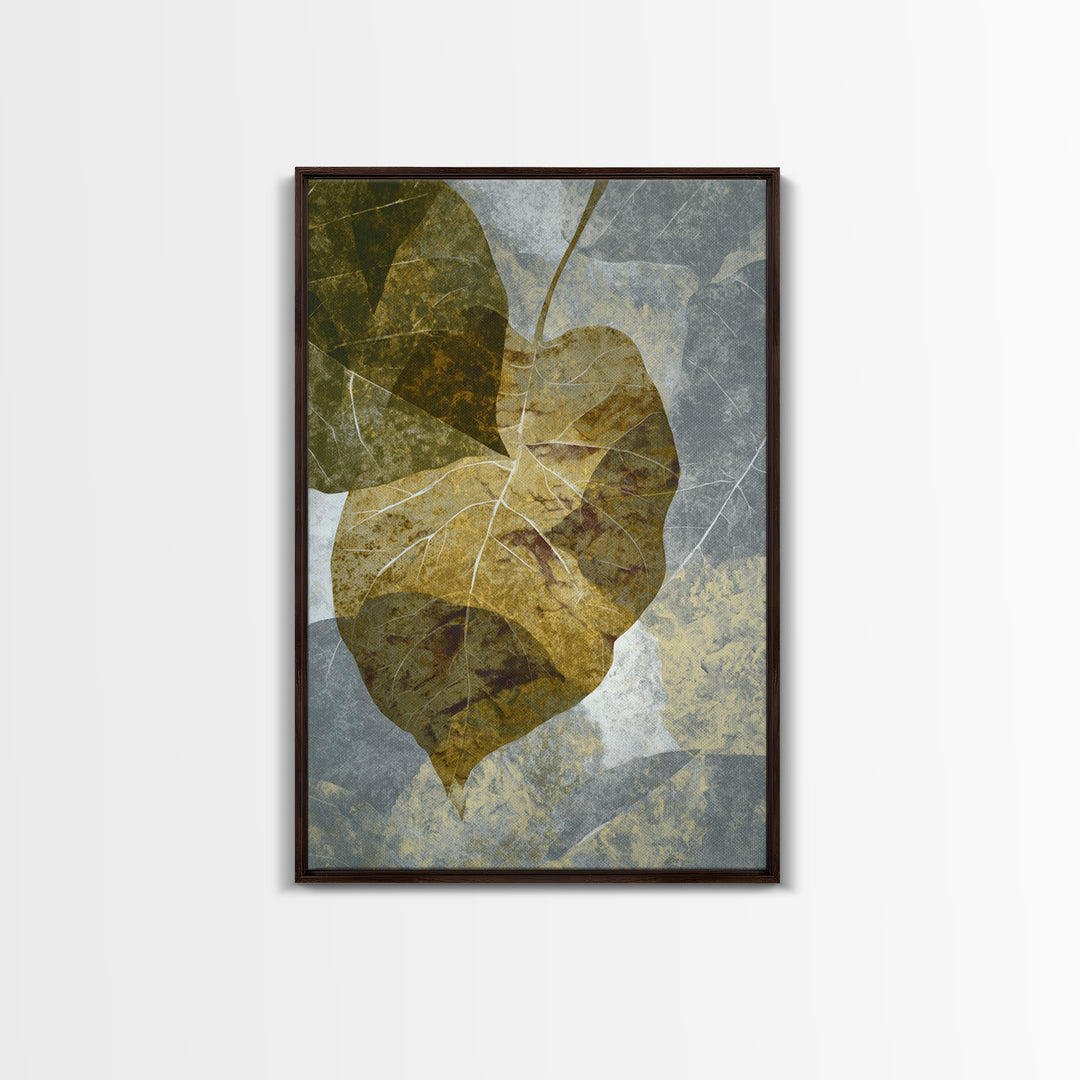 Olive Green Abstract Leaf Pattern Framed Canvas Print, Monochrome Art, Digital Print, Living Room Decor, Fine Art, Mono, MON-2x3-76