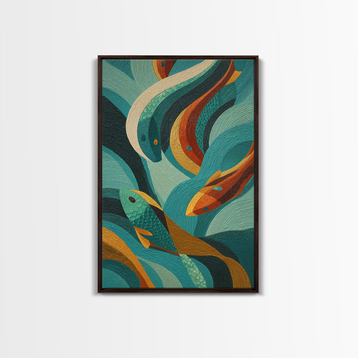 Teal Koi Fish on Tonal Water Framed Canvas Print, Monochrome Art, Original Art, Living Room Decor, Fine Art, Mono, Bird Art, MON-2x3-97