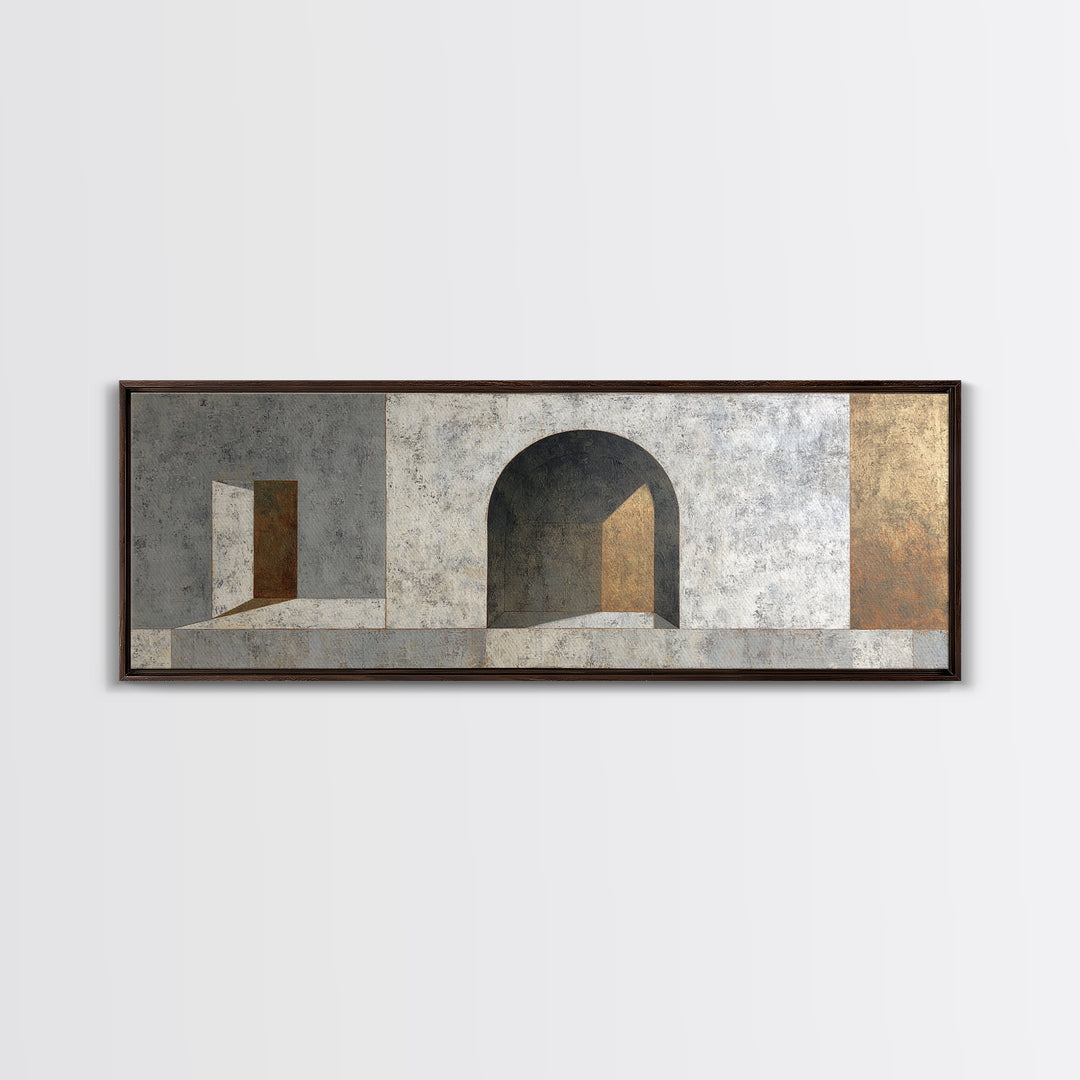 Gray Architectural Arch and Shadow Study Canvas Print, Monochrome Art, Large Wall Art, Living Room Decor, Watercolor Art, Mono, MON-3x1-50
