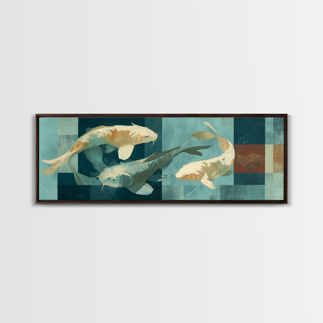 Teal Koi Fish on Tonal Water Framed Canvas Print, Monochrome Art, Dopamine Decor, Living Room Decor, Mono, Modern Decor, MON-3x1-57