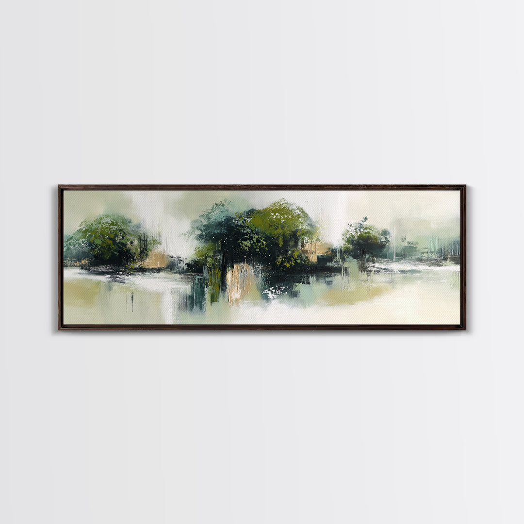 Deep Green Forest Silhouette Study Framed Canvas Print, Monochrome Art, Boho Wall Art, Living Room Decor, Oil Painting, Mono, MON-3x1-77