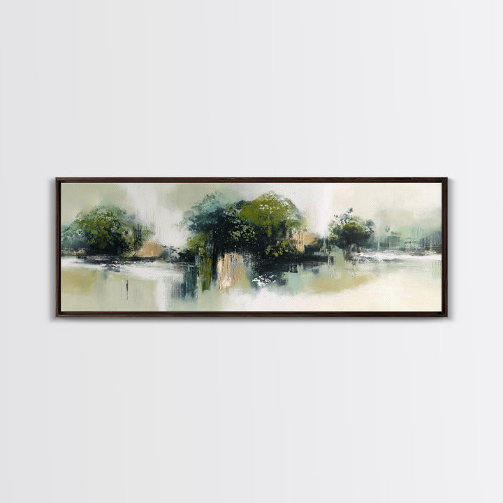 Deep Green Forest Silhouette Study Framed Canvas Print, Monochrome Art, Boho Wall Art, Living Room Decor, Oil Painting, Mono, MON-3x1-77