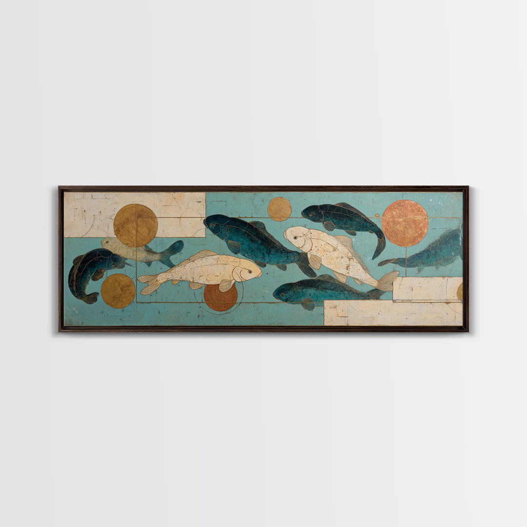 Teal Koi Fish on Tonal Water Framed Canvas Print, Monochrome Art, Digital Wall Art, Living Room Decor, Fine Art, Mono, MON-3x1-9