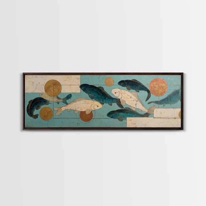 Teal Koi Fish on Tonal Water Framed Canvas Print, Monochrome Art, Digital Wall Art, Living Room Decor, Fine Art, Mono, MON-3x1-9