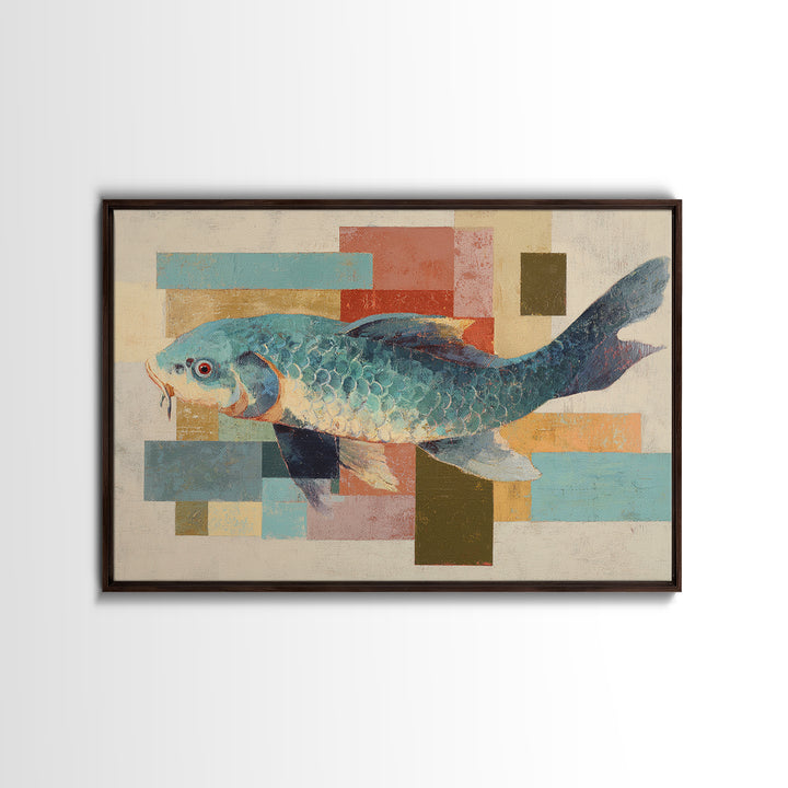 Teal Koi Fish on Tonal Water Canvas Print, Monochrome Art, Printable Art, Living Room Decor, Mono, Minimalist Wall Art, MON-3x2-21