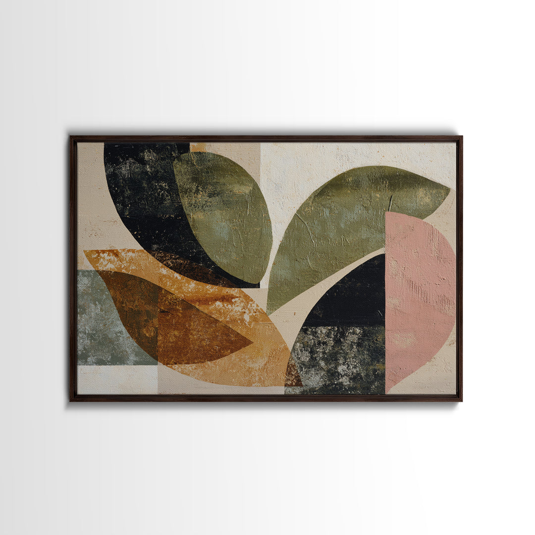 Olive Green Abstract Leaf Pattern Framed Canvas Print, Monochrome Art, Digital Print, Living Room Decor, Fine Art, Mono, MON-3x2-24