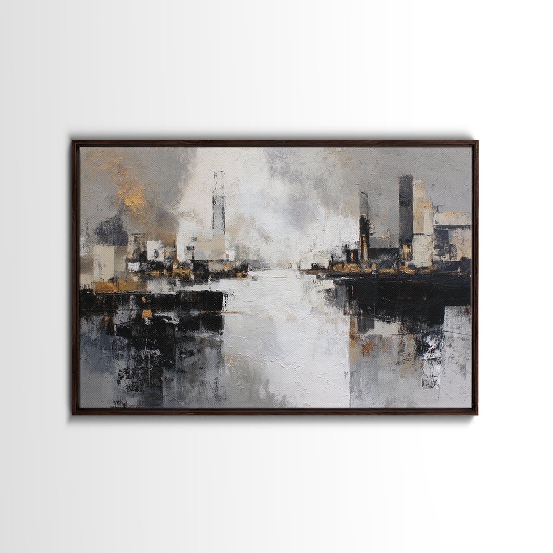 Black and White City Reflection Framed Canvas Print, Monochrome Art, Living Room Decor, Abstract Art, Mono, Gallery Decor, MON-3x2-25
