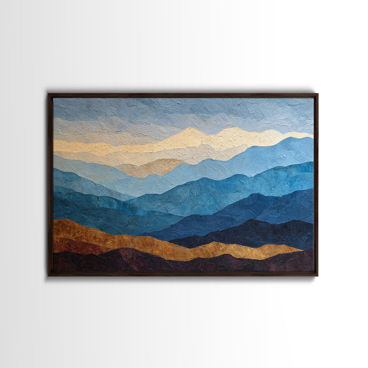 Blue Mountain Ridge Layers Framed Canvas Print, Monochrome Art, Large Wall Art, Living Room Decor, Watercolor Art, Mono, MON-3x2-28