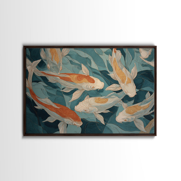 Teal Koi Fish on Tonal Water Framed Canvas Print, Monochrome Art, Modern Wall Art, Living Room Decor, Fine Art, Mono, MON-3x2-45