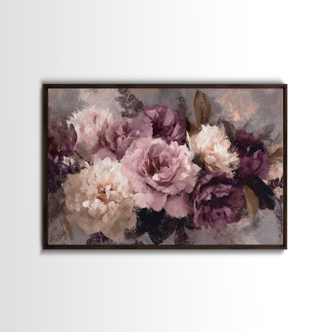 Monochrome Floral Bouquet Framed Canvas Print, Monochrome Art, Textured Wall Art, Living Room Decor, Mono, Wallpaper Mural, MON-3x2-46
