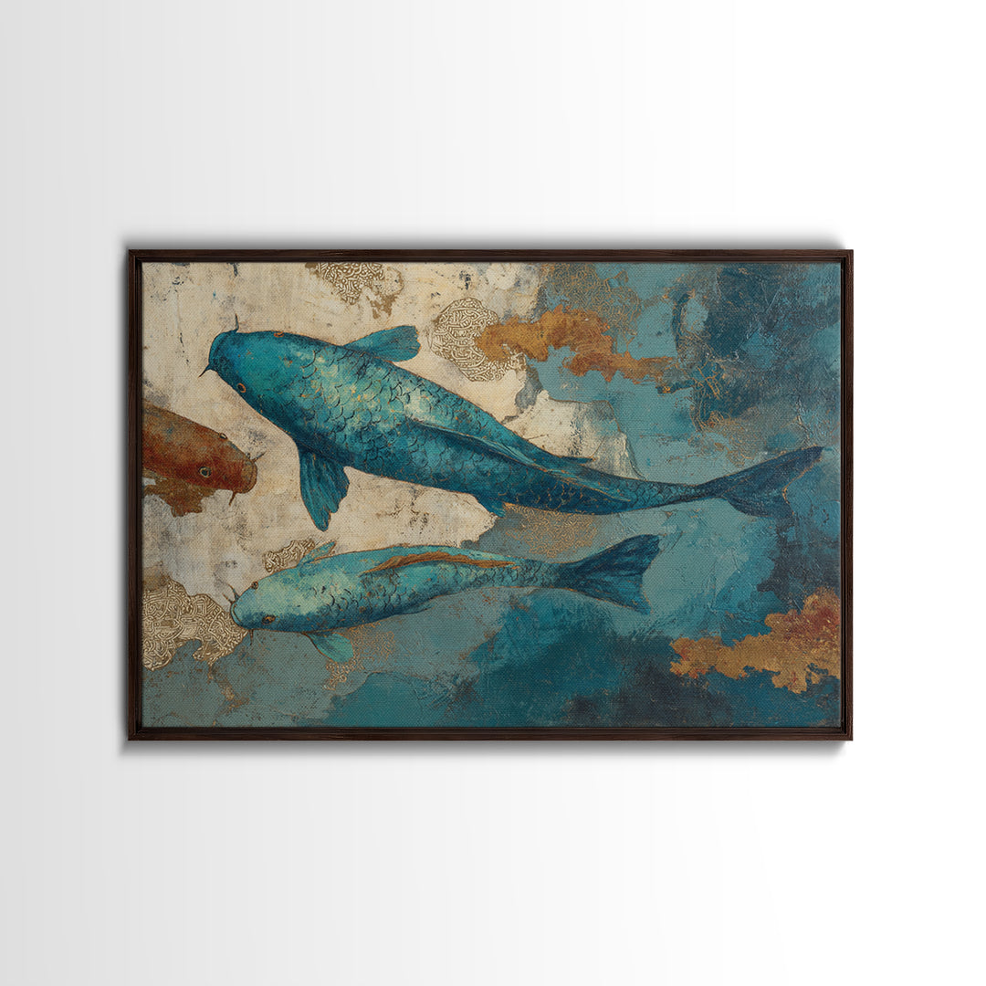 Teal Koi Fish on Tonal Water Framed Canvas Print, Monochrome Art, Modern Wall Art, Living Room Decor, Fine Art, Mono, MON-3x2-69