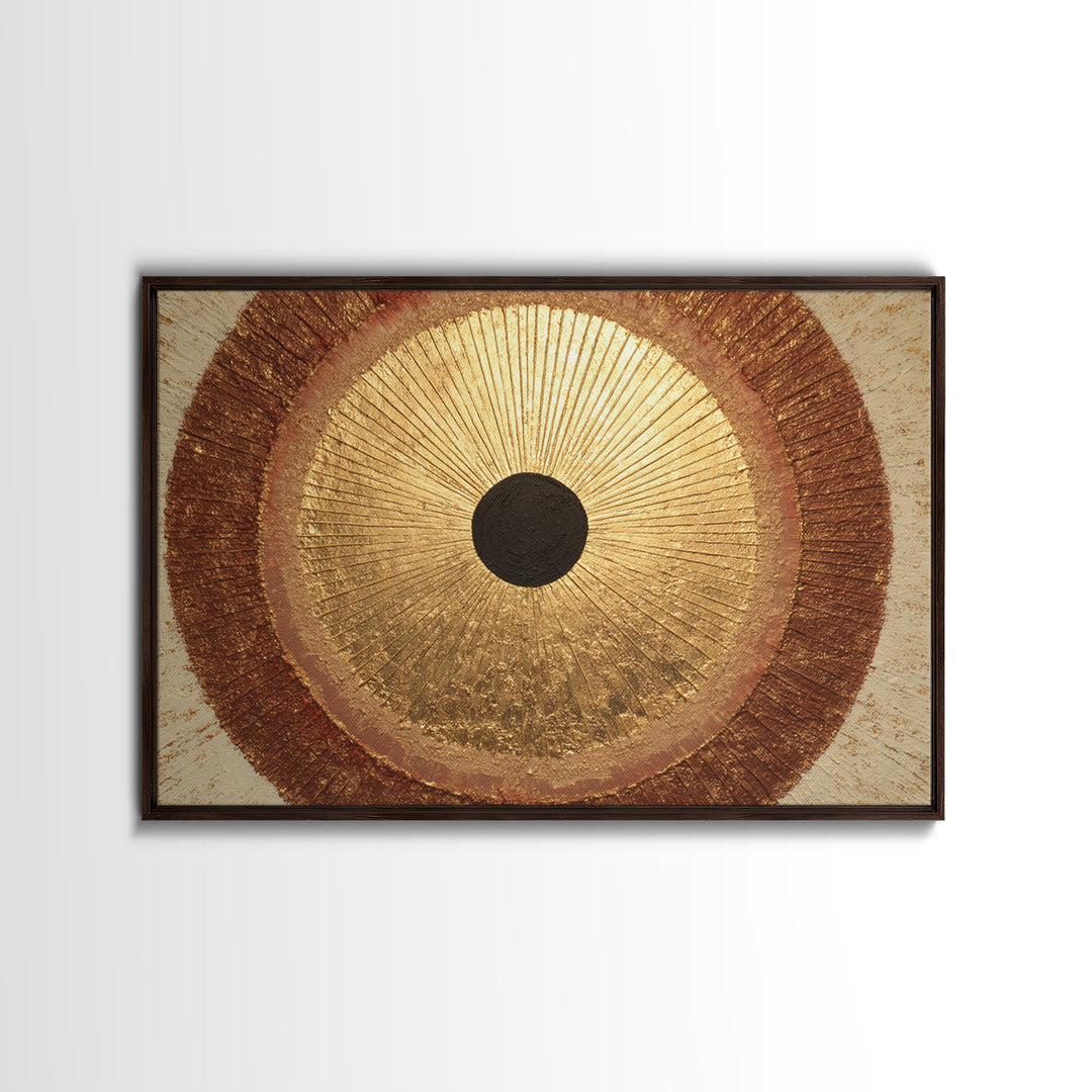 Gold Tonal Sunburst Medallion Framed Canvas Print, Monochrome Art, Dark Academia Decor, Living Room Decor, Fine Art, Mono, MON-3x2-90