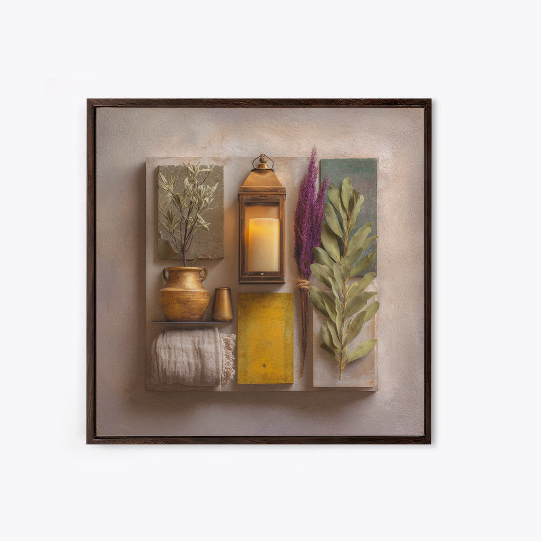 Brass Lantern Still Life Casting Lace Shadows Framed Canvas Print, Moroccan Art, Living Room Decor, Abstract Art, Marrakesh, MOR-1x1-33