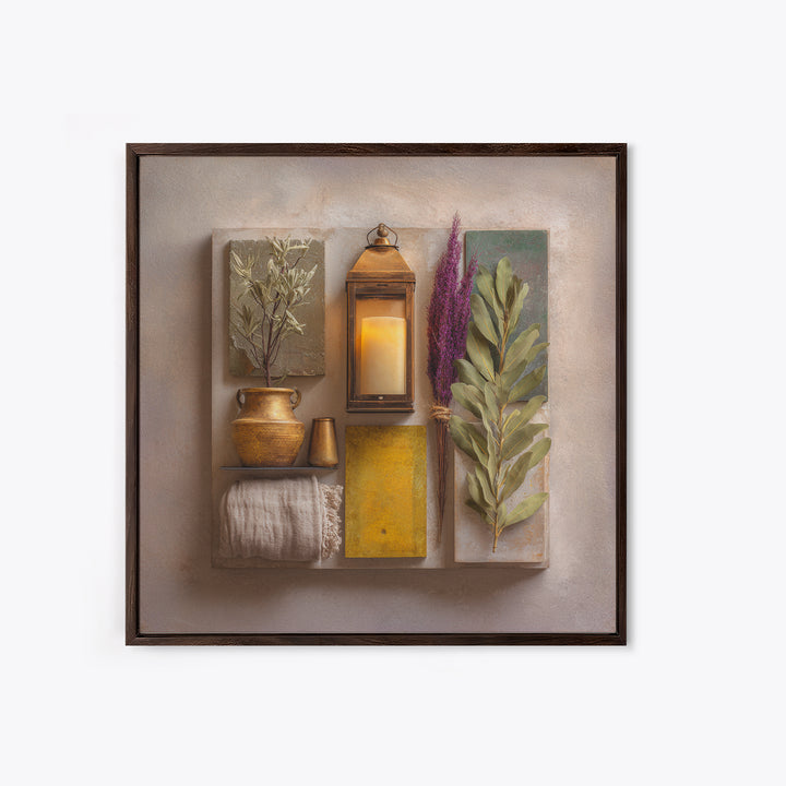 Brass Lantern Still Life Casting Lace Shadows Framed Canvas Print, Moroccan Art, Living Room Decor, Abstract Art, Marrakesh, MOR-1x1-33