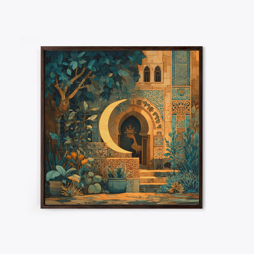 Camel Silhouette Beneath Crescent Moon Canvas Print, Moroccan Art, Digital Download Art, Living Room Decor, Fine Art, Marrakesh, MOR-1x1-35
