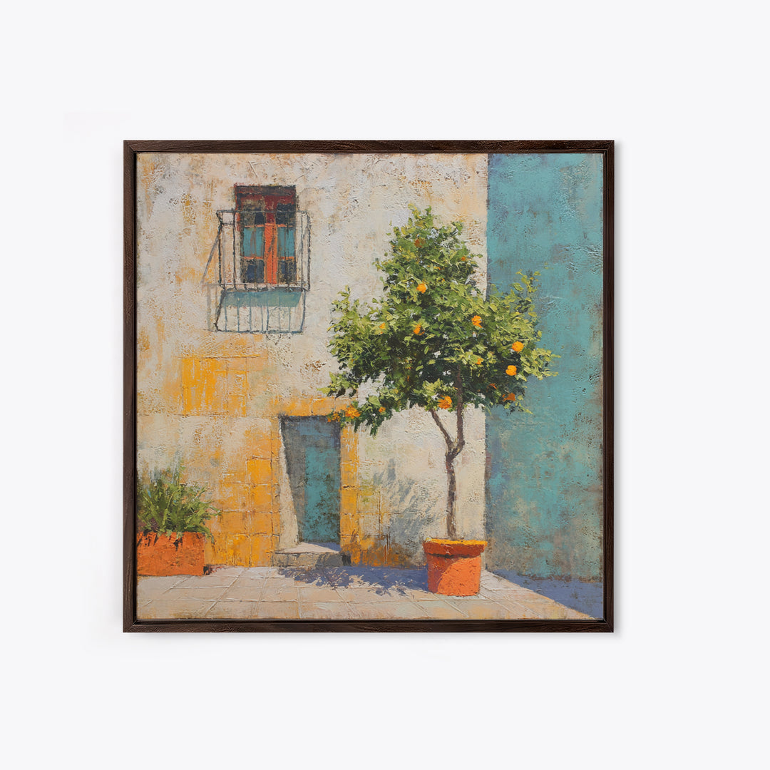Orange Tree in Tiled Courtyard Framed Canvas Print, Moroccan Art, Contemporary Art, Living Room Decor, Oil Painting, Marrakesh, MOR-1x1-37