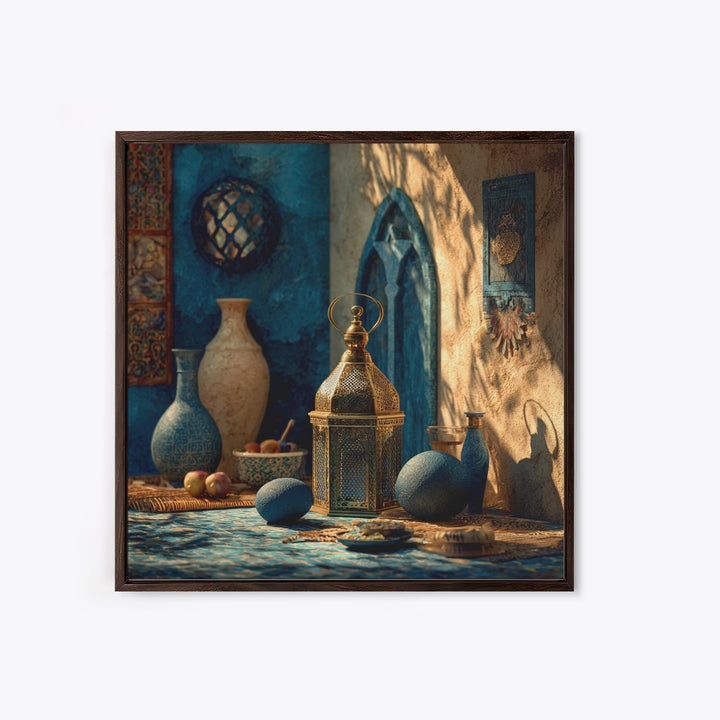 Brass Lantern Still Life Casting Lace Shadows Framed Canvas Print, Moroccan Art, Living Room Decor, Abstract Art, Marrakesh, MOR-1x1-57