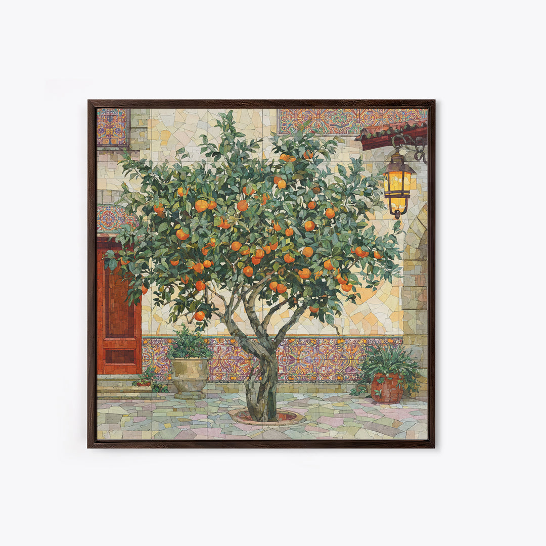 Orange Tree in Tiled Courtyard Framed Canvas Print, Moroccan Art, Contemporary Art, Living Room Decor, Oil Painting, Marrakesh, MOR-1x1-61