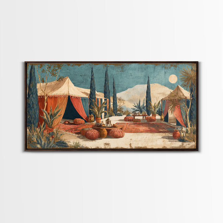 Desert Tent with Woven Rugs and Lanterns Framed Canvas Print, Moroccan Art, Art Prints, Living Room Decor, Fine Art, Marrakesh, MOR-2x1-10