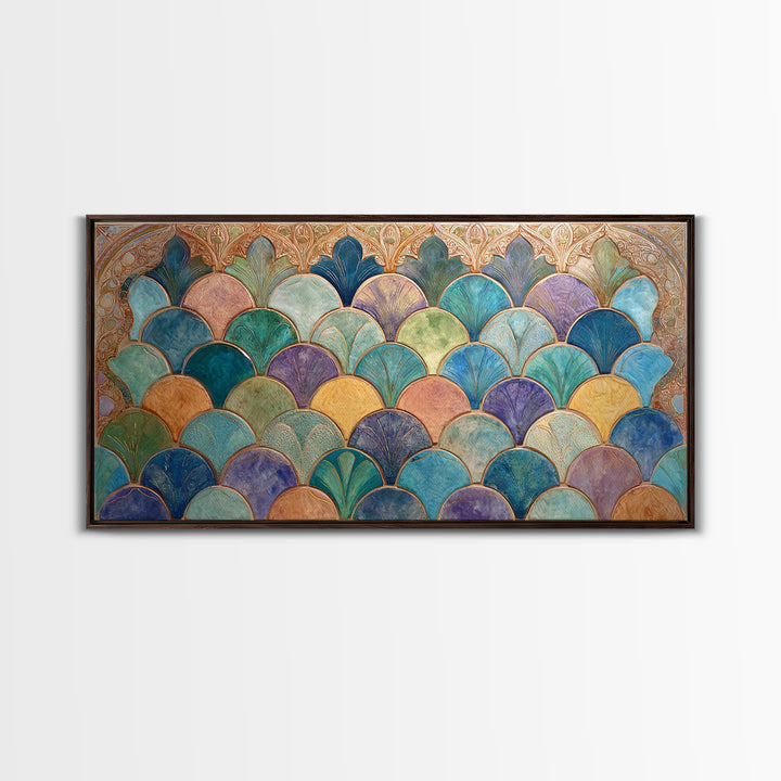Turquoise Tile Fish Scale Pattern Canvas Print, Moroccan Art, Wall Art Print, Living Room Decor, Fine Art, Marrakesh, MOR-2x1-17