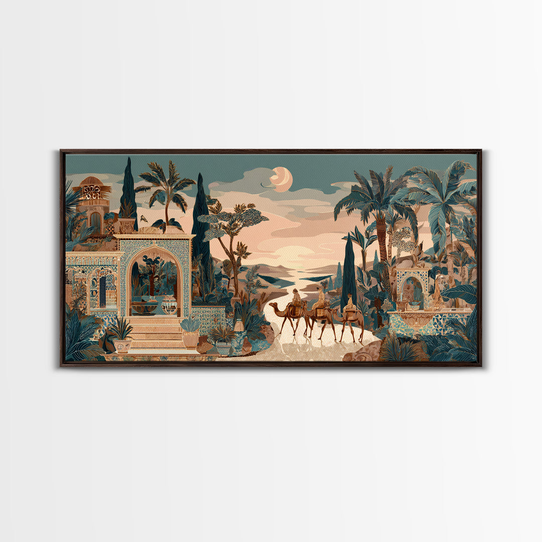 Desert Camel Caravan Framed Canvas Print, Moroccan Art, Boho Wall Art, Living Room Decor, Fine Art, Marrakesh, Map Wall Art, MOR-2x1-23