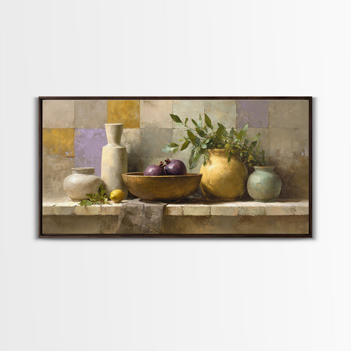 Pomegranate and Brass Bowl Still Life Framed Canvas Print, Moroccan Art, Wall Art, Living Room Decor, Fine Art, Marrakesh, MOR-2x1-42