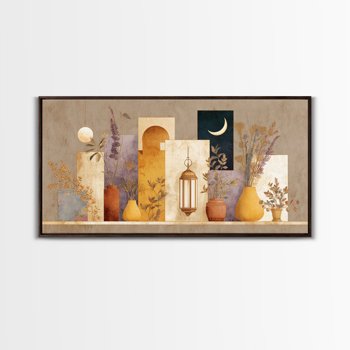 Camel Silhouette Beneath Crescent Moon Framed Canvas Print, Moroccan Art, African Art, Living Room Decor, Fine Art, Marrakesh, MOR-2x1-55