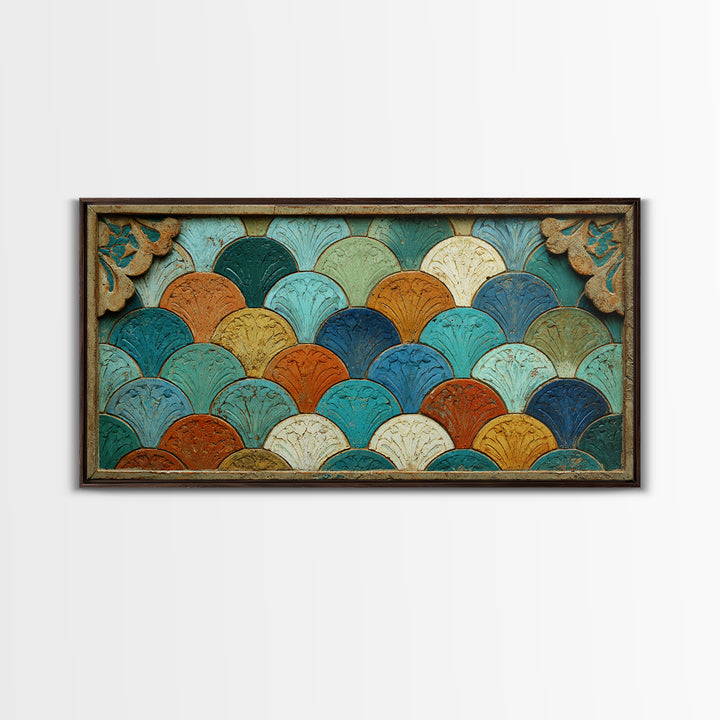 Turquoise Tile Fish Scale Pattern Framed Canvas Print, Moroccan Art, Living Room Rug, Living Room Decor, Abstract Art, MOR-2x1-65