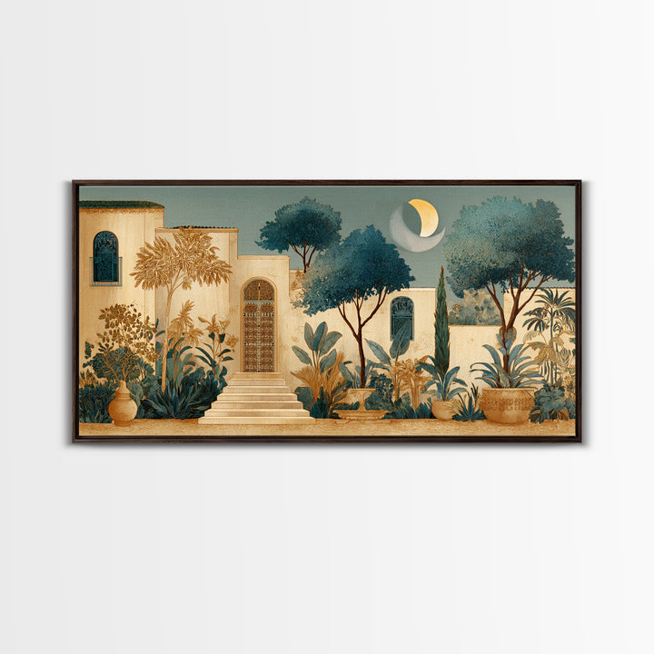 Camel Silhouette Beneath Crescent Moon Framed Canvas Print, Moroccan Art, Printable Wall Art, Living Room Decor, Marrakesh, MOR-2x1-7