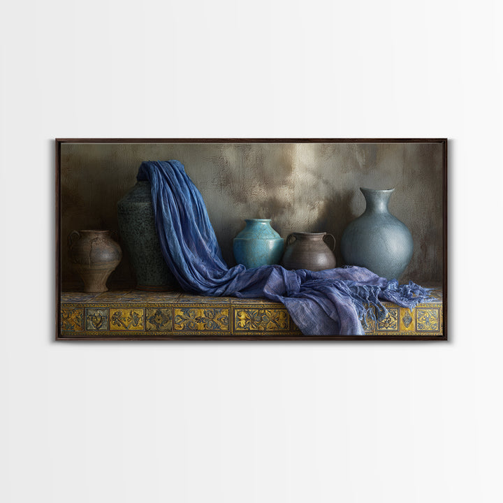 Tuareg Blue Scarf Portrait Framed Canvas Print, Moroccan Art, Living Room Decor, Marrakesh, Travel Poster, Map Wall Art, MOR-2x1-86