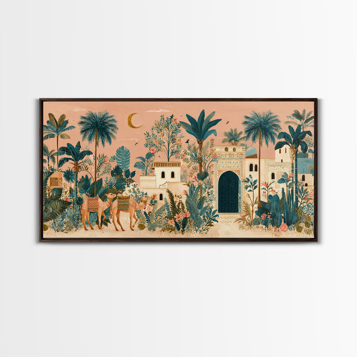 Desert Camel Caravan Framed Canvas Print, Moroccan Art, Statement Artwork, Living Room Decor, Oil Painting, Marrakesh, MOR-2x1-95