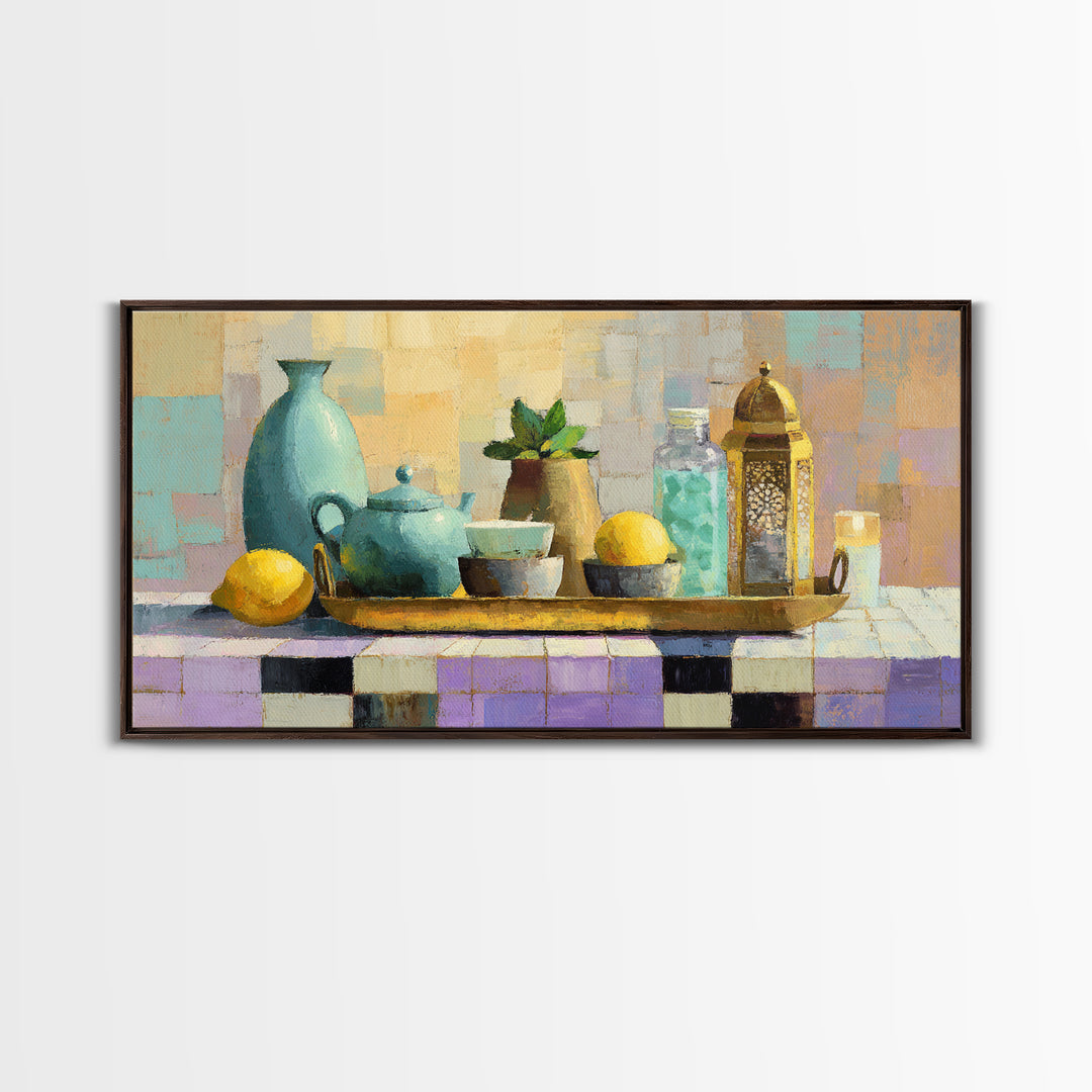 Moroccan Tea Set Framed Canvas Print, Moroccan Art, Gallery Wall Set, Living Room Decor, Oil Painting, Marrakesh, MOR-2x1-96